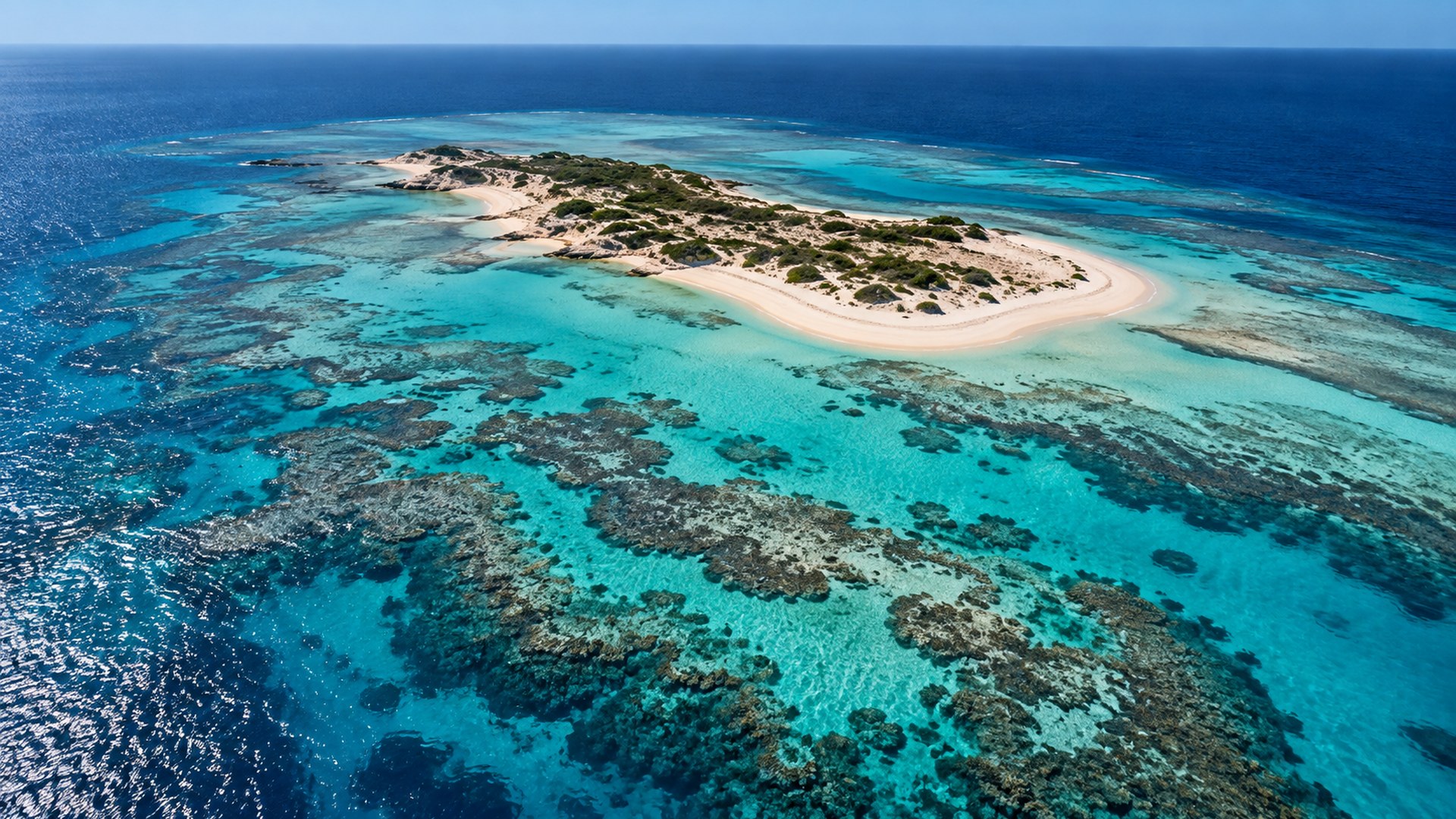 مياه فيروزية وشعاب مرجانية حول جزيرة بكر في البحر الأحمر، من الأعلى