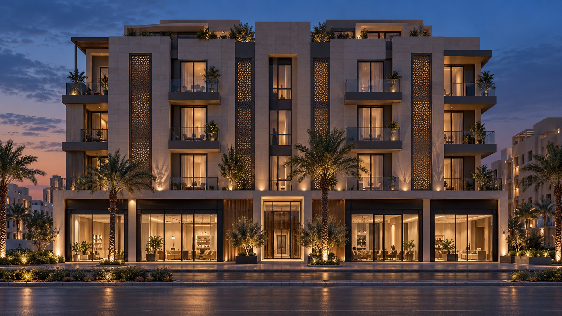 عمارة سكنية حديثة بمحلات في الدور الأرضي في الرياض وقت الغروب