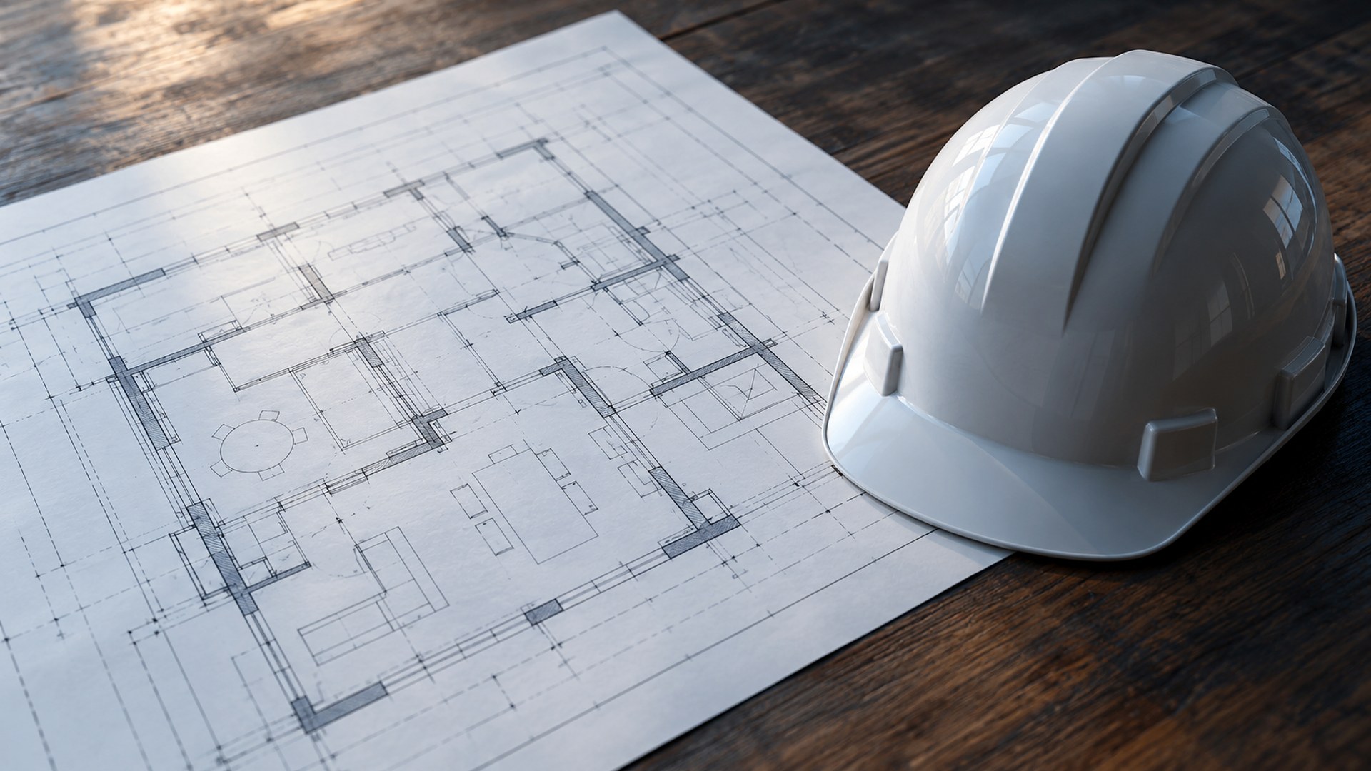 رسم مهندس معماري بجانب خوذة بنّاء على مكتب واحد
