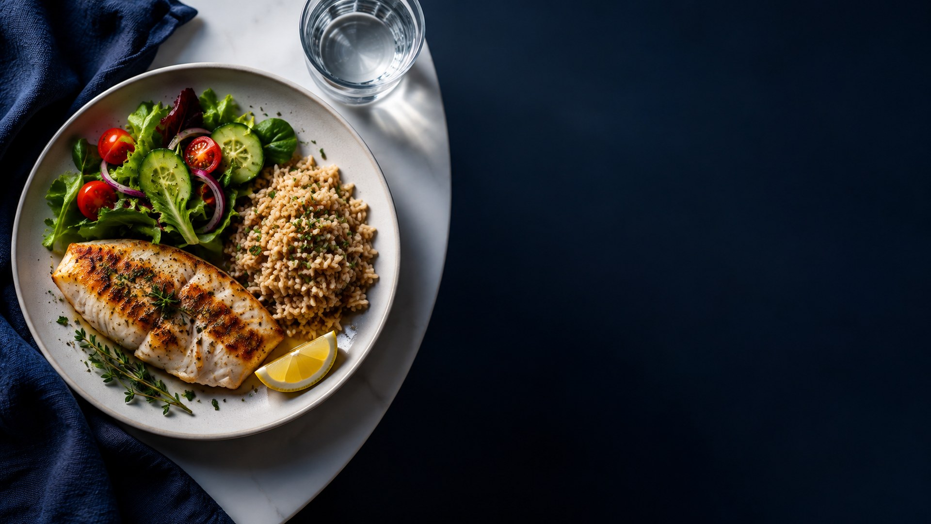 وجبة متوازنة من السمك المشوي والسلطة والرز البني مع كوب ماء، من الأعلى