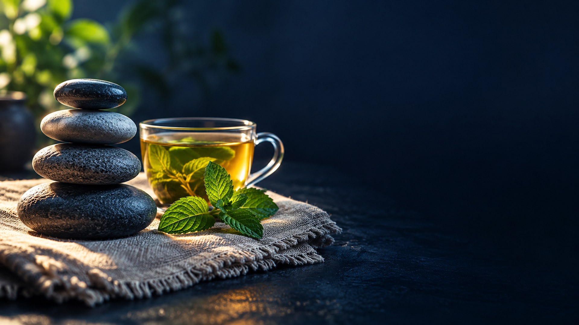 حصى ناعم متوازن بجانب كوب شاي أعشاب وعود نعناع في ضوء الصباح