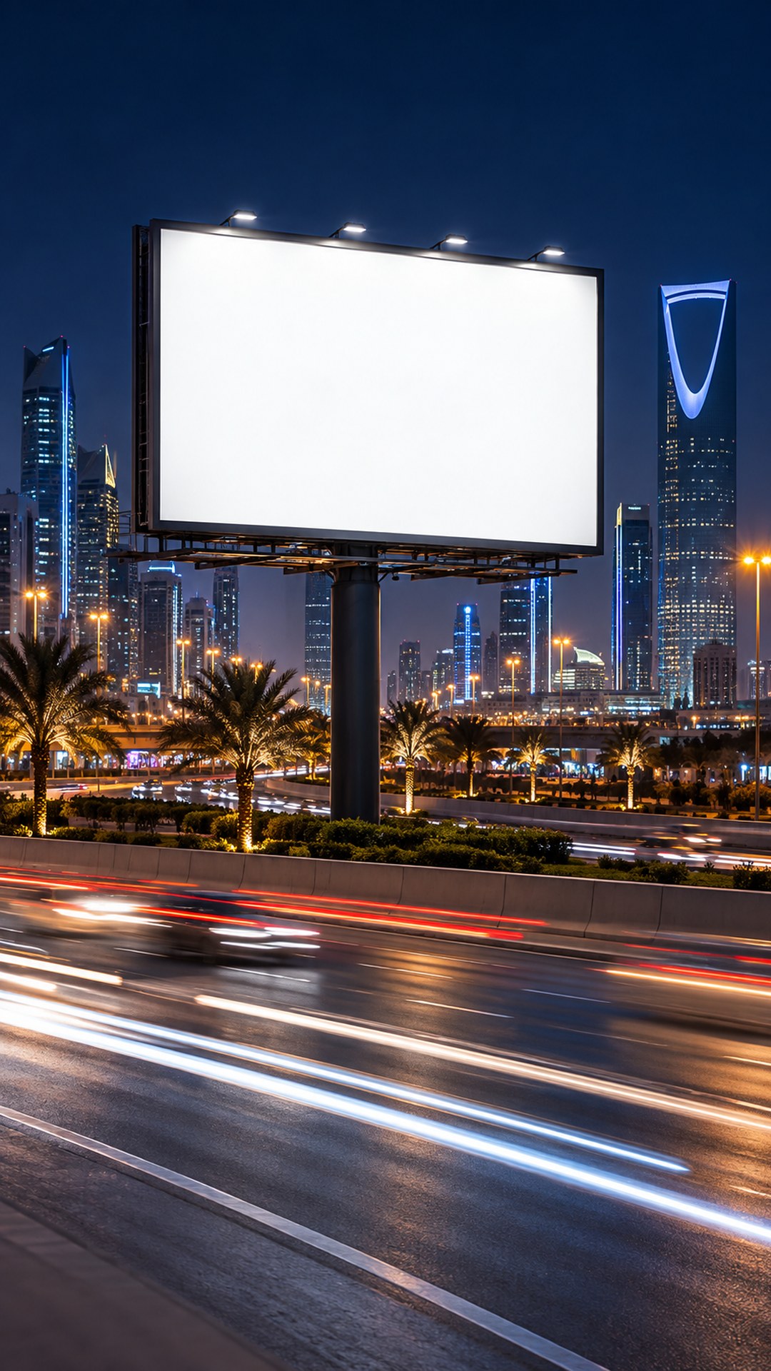 لوحة إعلانية كبيرة فارغة ومضيئة بجانب طريق سريع في الرياض ليلاً