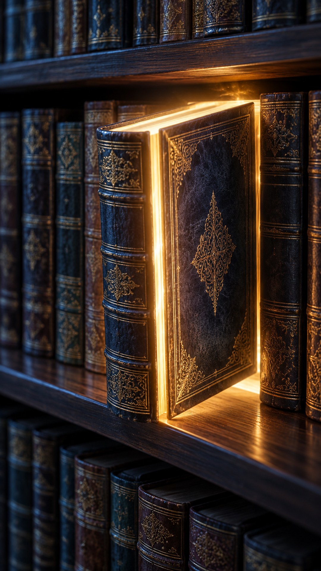 رف كتب بارز منه كتاب واحد يضيء