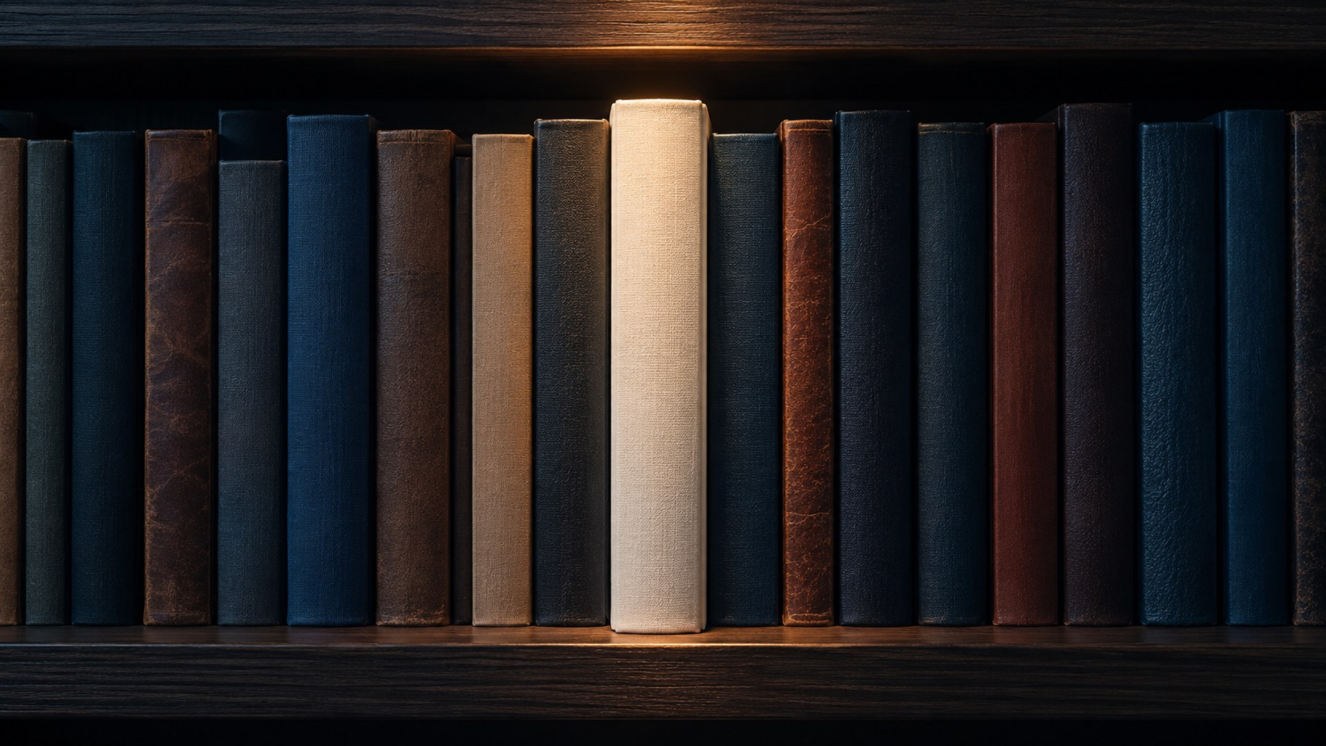 رف كتب مرتب يبرز منه كتاب واحد تحت ضوء ناعم