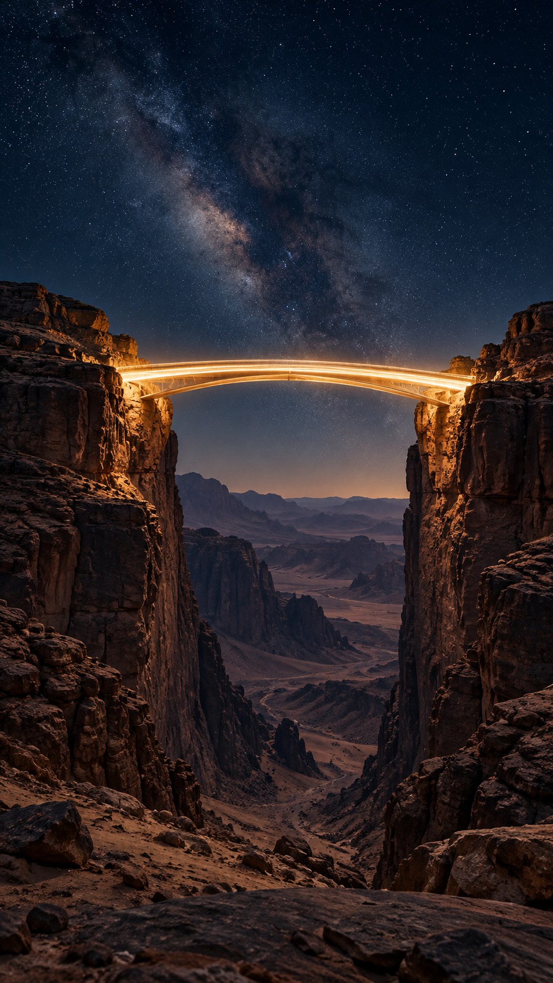 جسر من الضوء يربط بين جرفين ليلاً