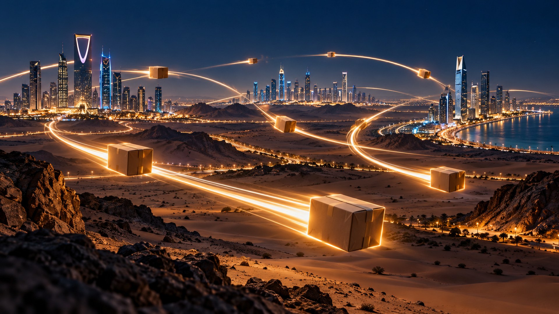 طرود بنية تطير كخطوط ضوء بين أفق مدن سعودية حديثة فوق صحراء ليلية