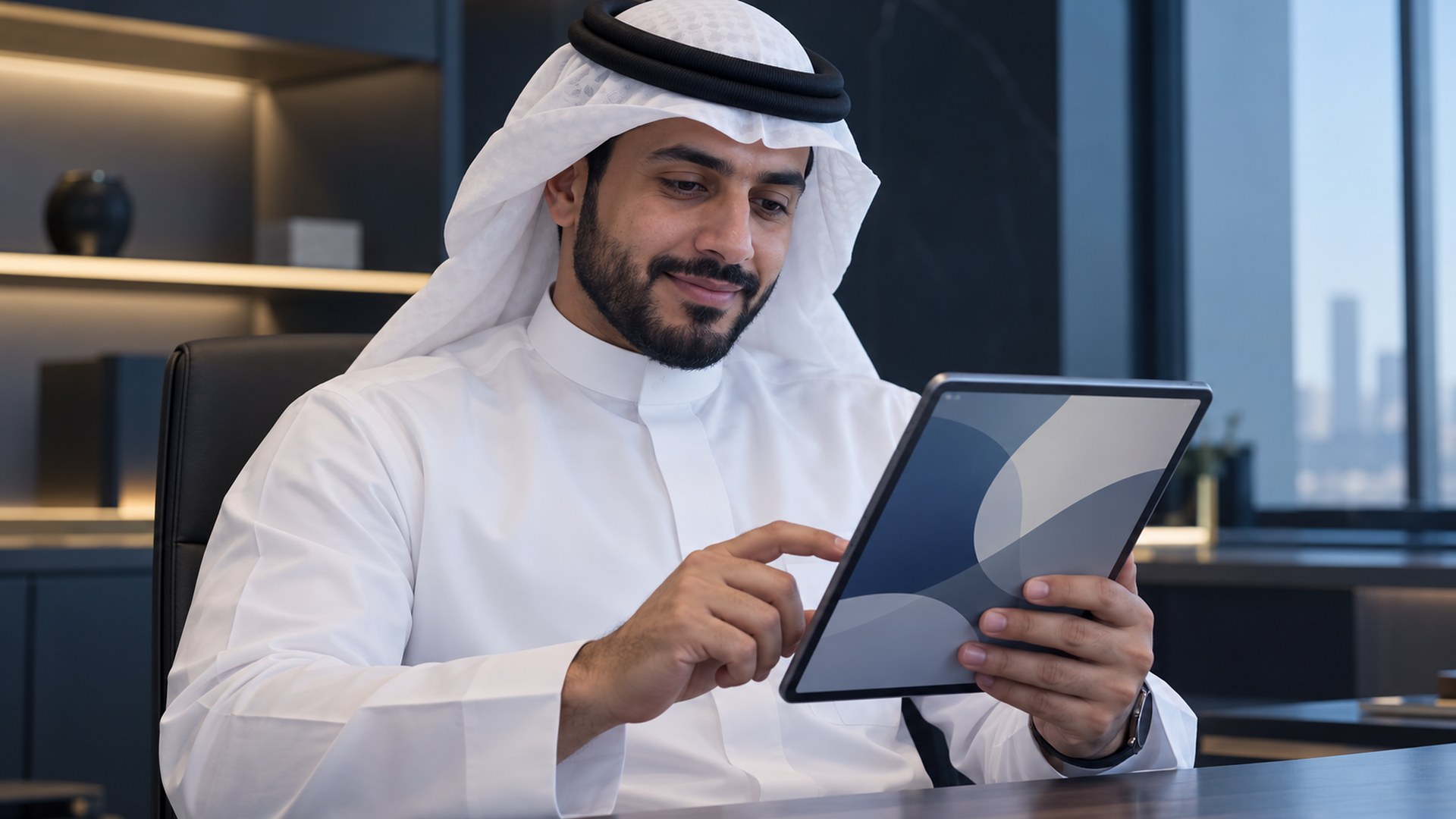عميل يراجع نموذج خدمة بسيطاً على جهاز لوحي ويومئ موافقاً