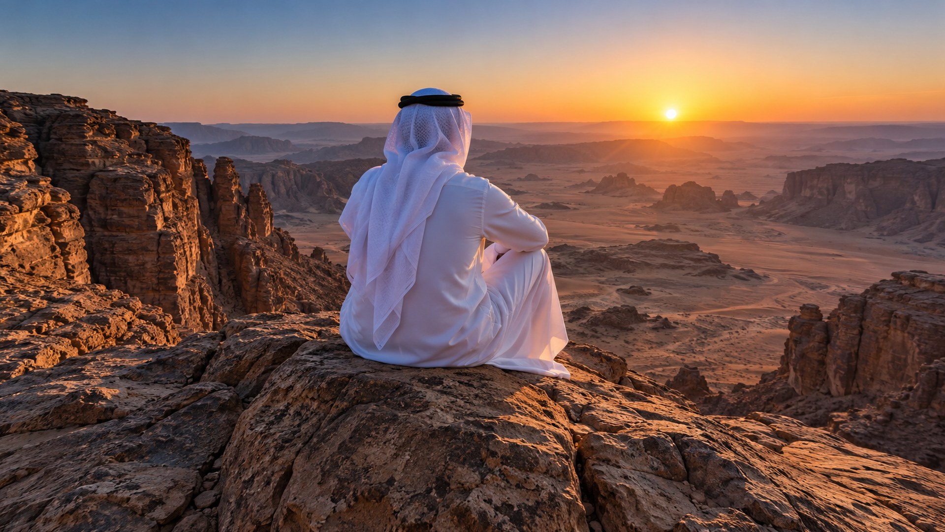 متسلق يرتاح بثبات على قمة صخرة وقت الشروق، من الخلف