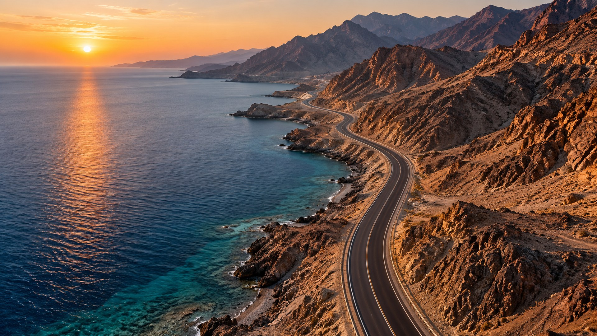 طريق ساحلي بين البحر الأحمر والجبال وقت الشروق، من الأعلى
