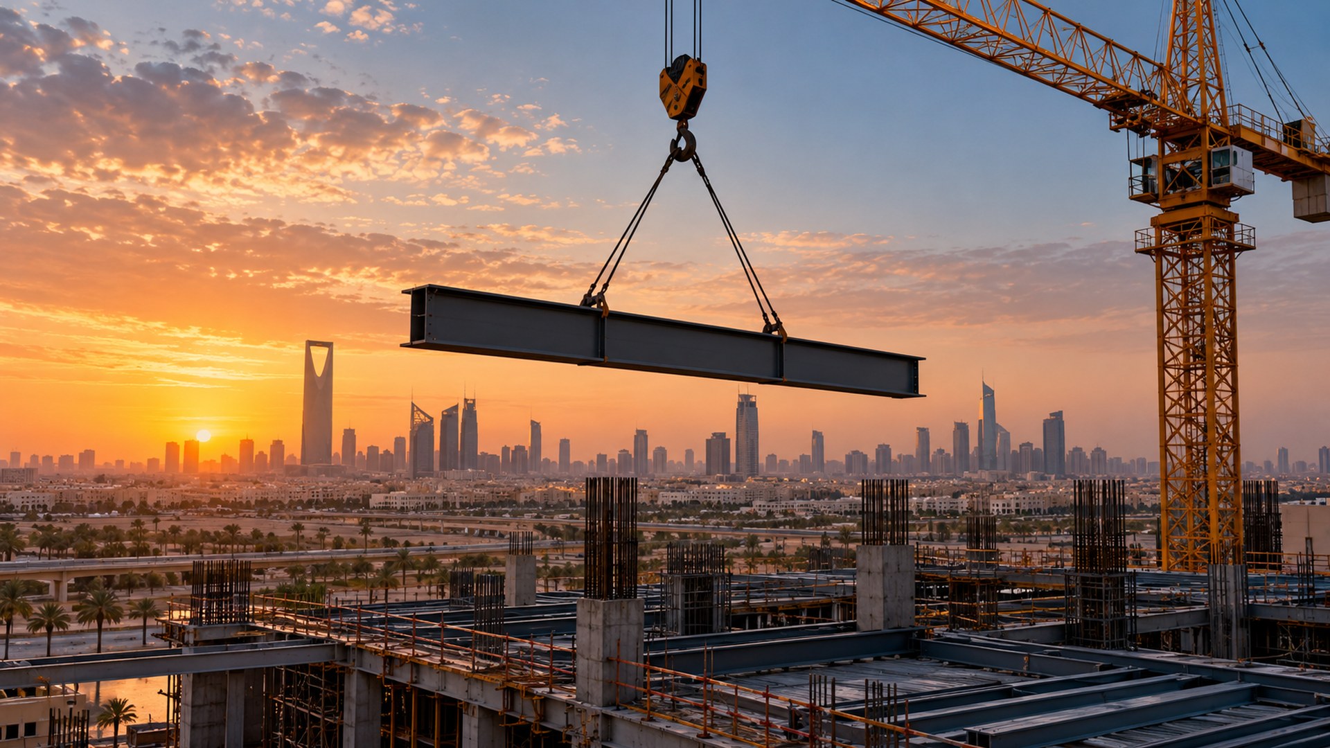 رافعة ترفع عارضة حديد فوق موقع بناء منظم في الرياض وقت الشروق