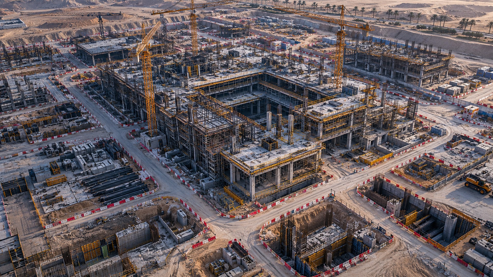 موقع بناء كبير بممرات محددة وحواجز، من الأعلى