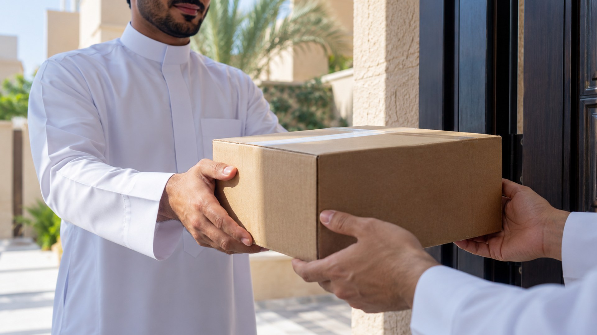 مندوب توصيل يسلّم طرداً في موعده عند الباب صباحاً