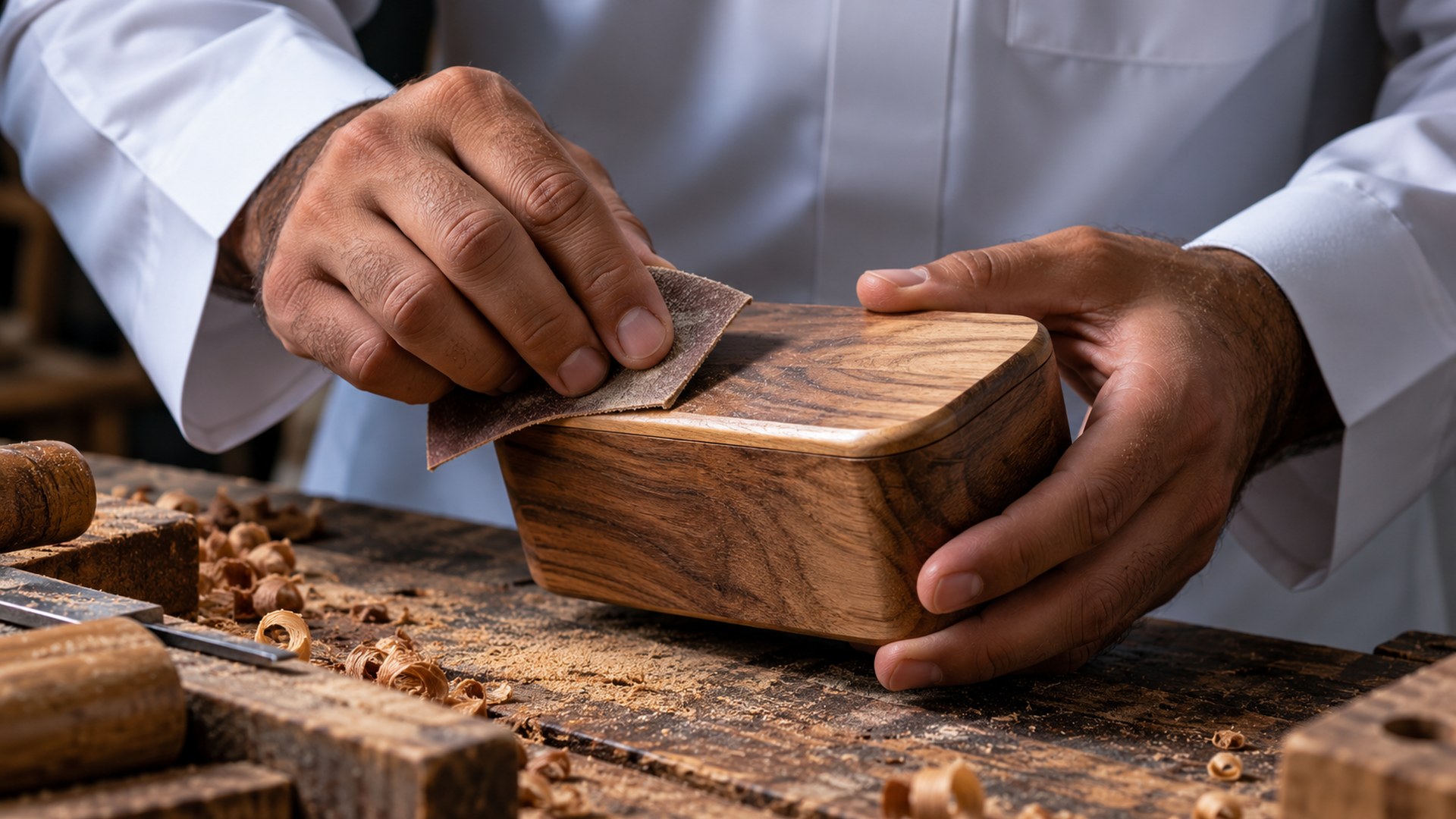 يدا حرفي تصقلان منتجاً خشبياً صغيراً على طاولة العمل