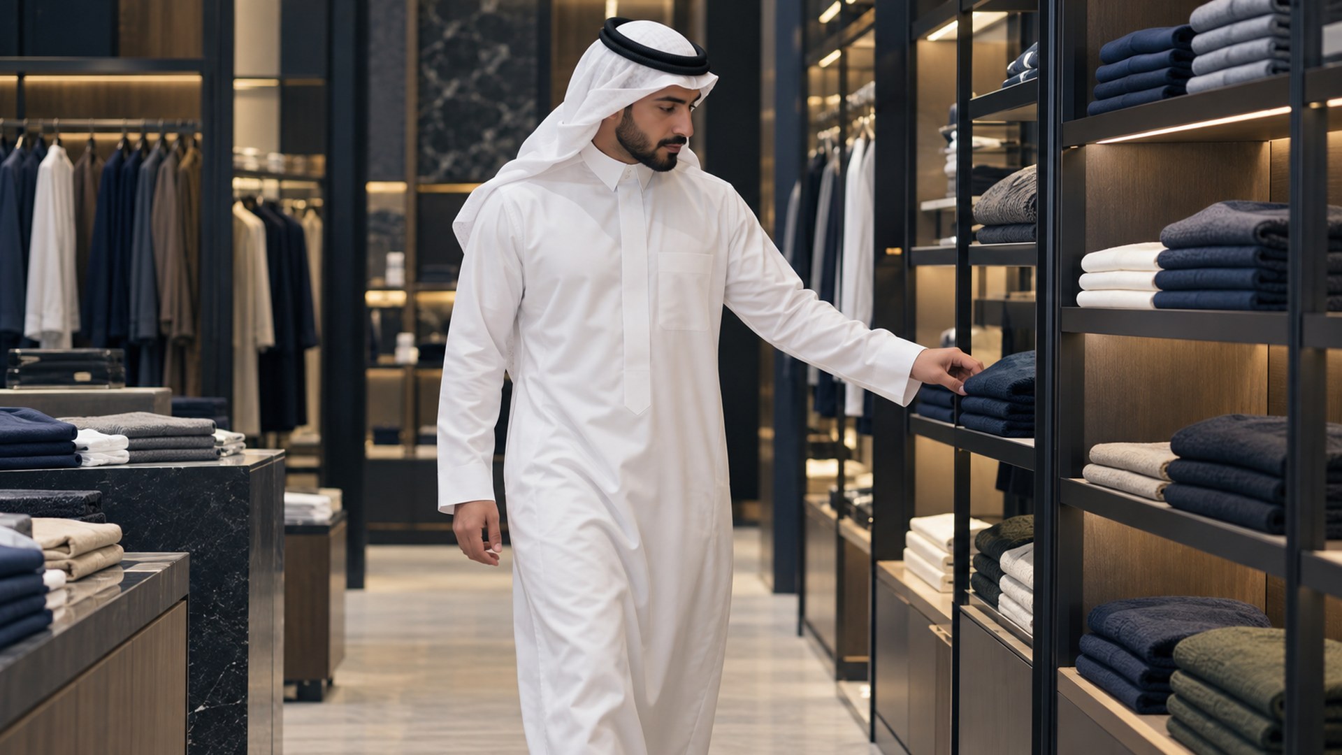 زبون يتجول في محل ملابس بالرياض ويتأمل المعروضات
