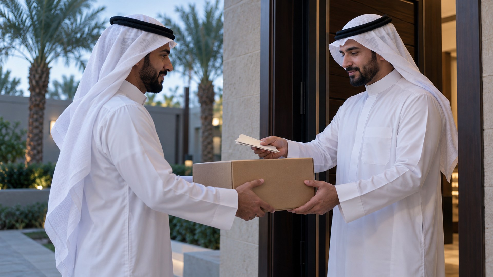 مندوب توصيل يسلّم طرداً لعميل سعودي عند باب بيته ويستلم المبلغ نقداً
