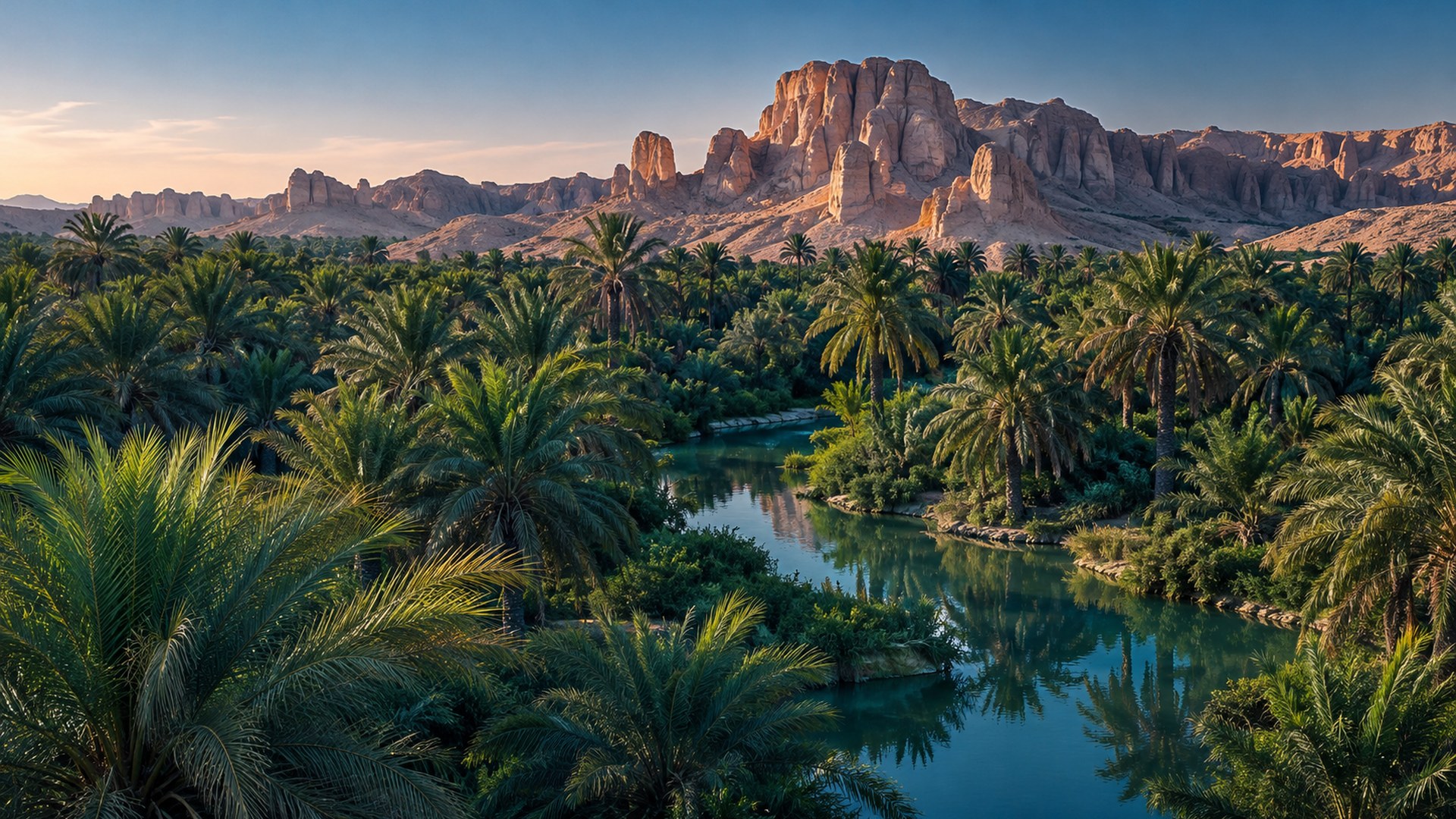نخيل كثيف وقنوات ماء في واحة الأحساء وجبل القارة في البعيد