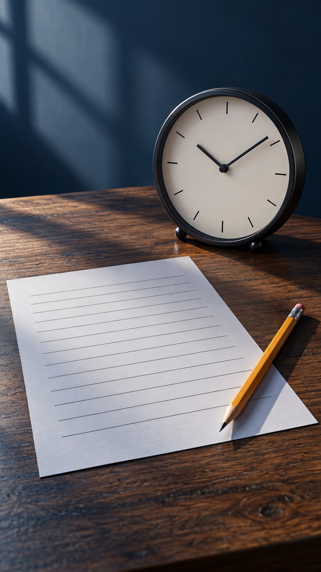 ورقة اختبار وقلم رصاص بجانب ساعة على مكتب