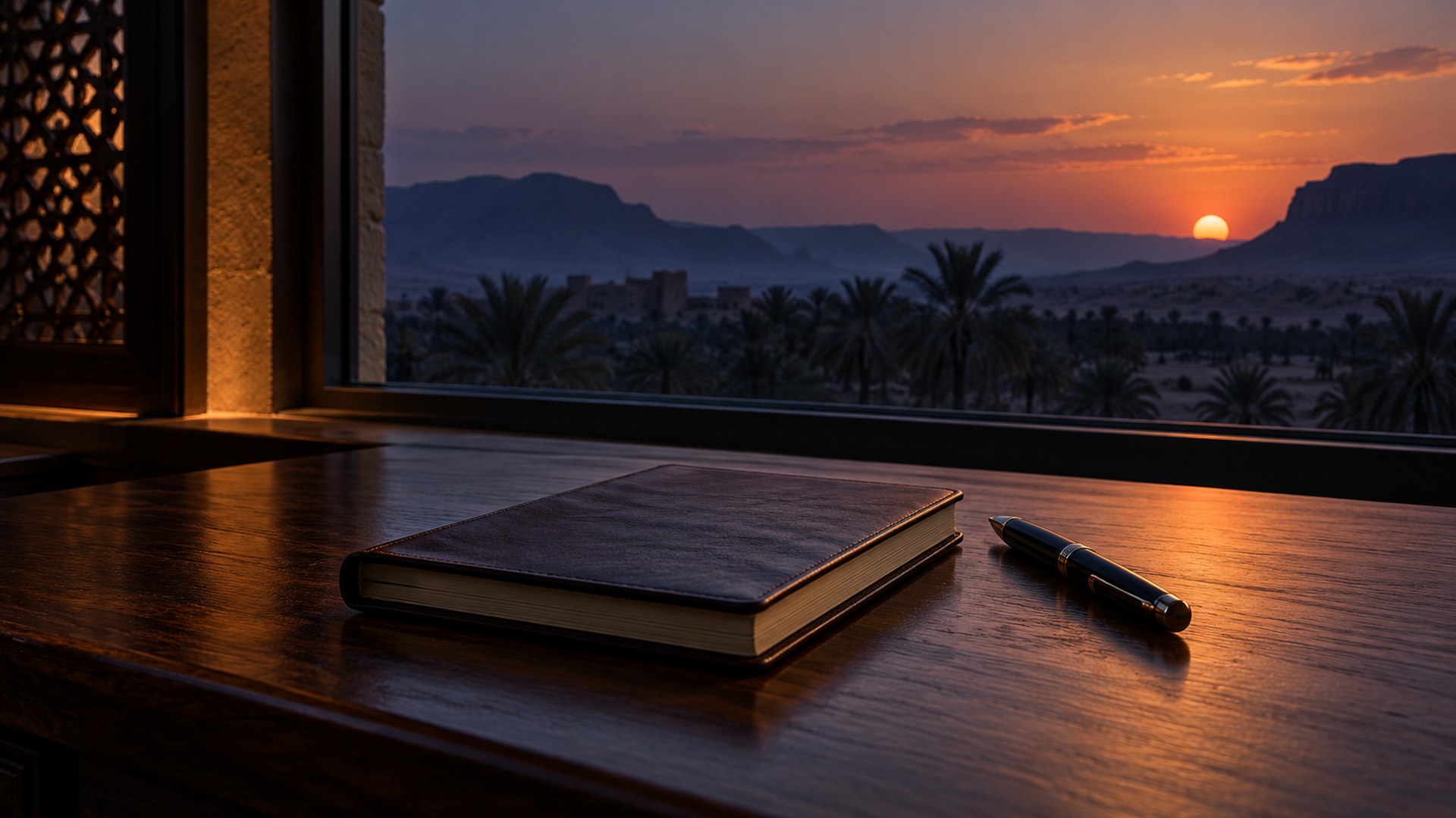 مكتب عليه دفتر صغير وقلم بجانب النافذة وقت الغروب