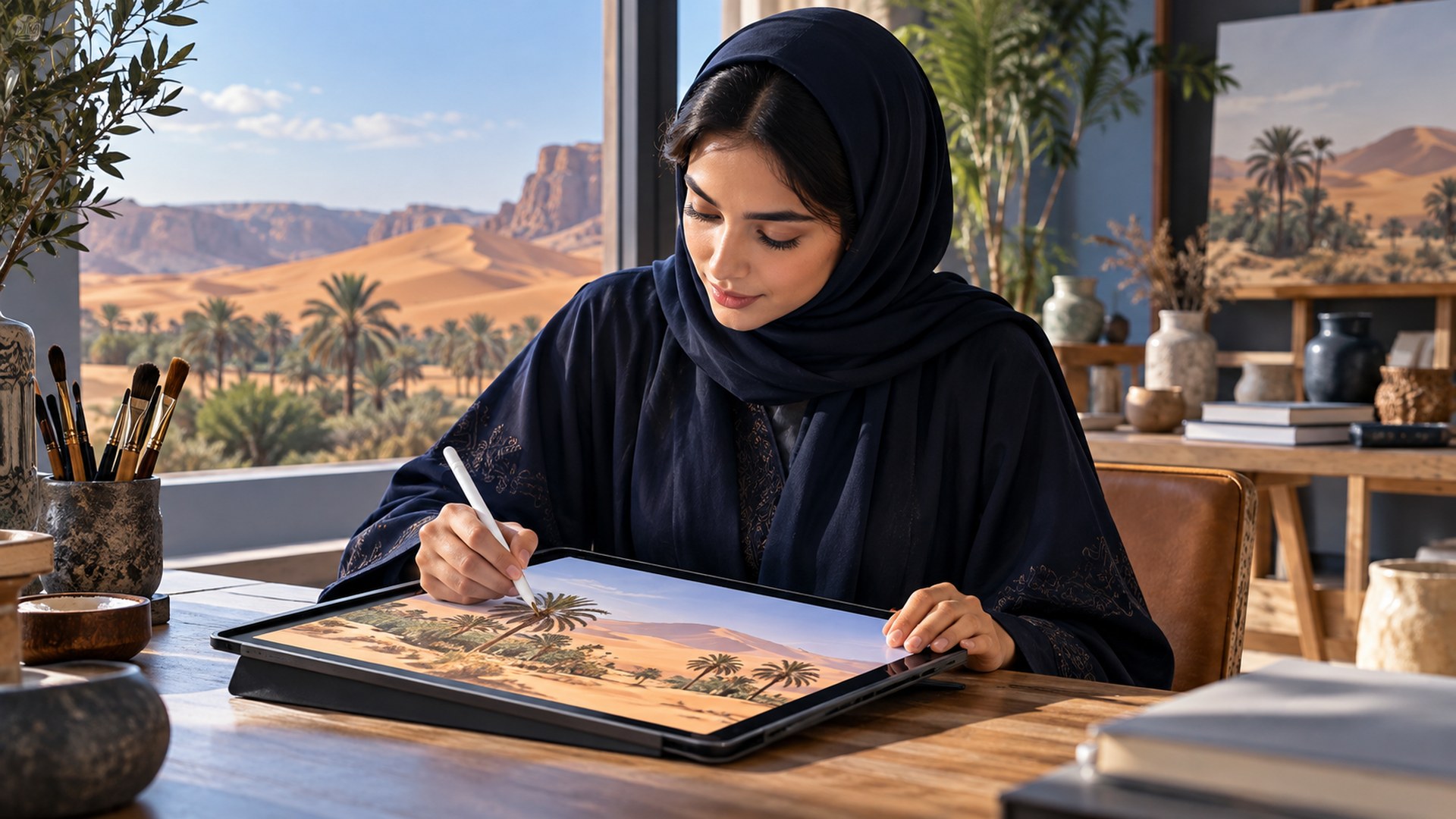فنان رقمي يرسم منظراً طبيعياً بالقلم على جهاز لوحي في استوديو مضيء