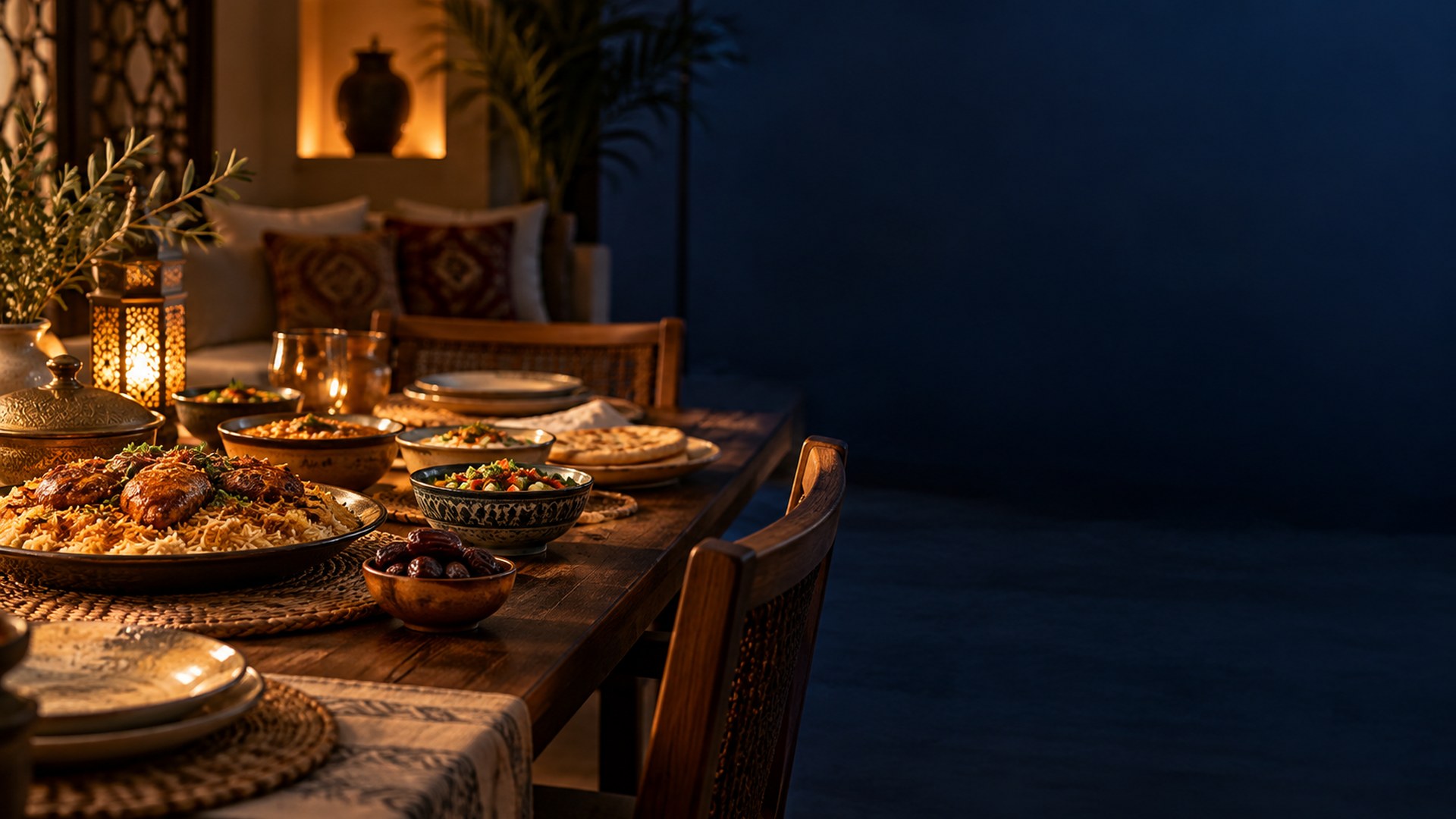 طاولة عشاء بإضاءة دافئة في بيت سعودي