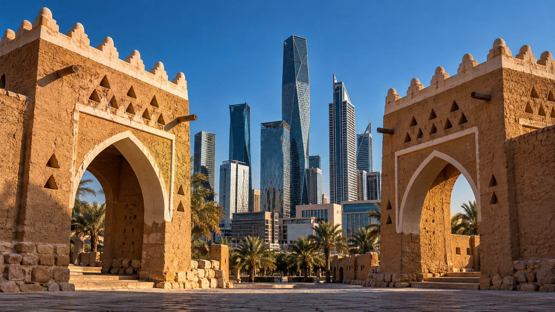 قوسان طينيان تاريخيان بجانب ناطحات سحاب الرياض الحديثة تحت سماء زرقاء