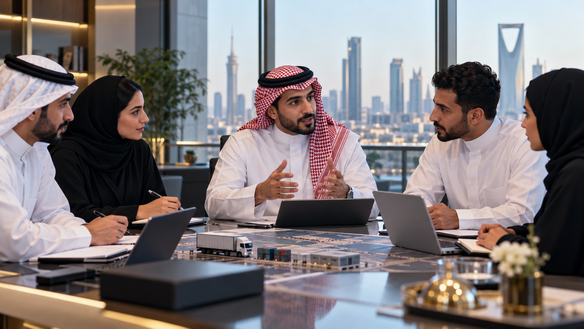 موظفون سعوديون من المالية والخدمات اللوجستية والضيافة يتعاونون حول طاولة اجتماعات