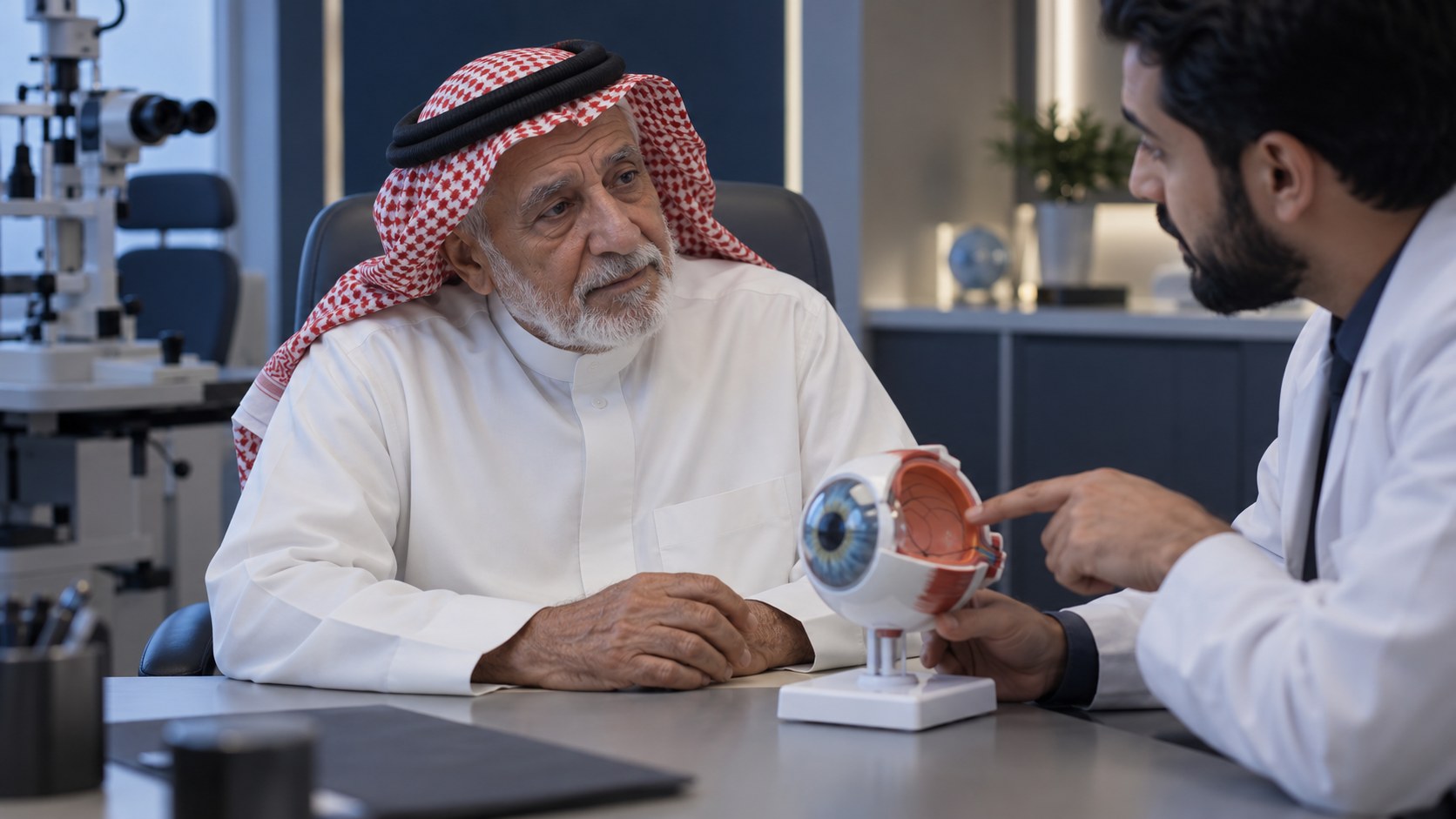 رجل سعودي كبير بثوب أبيض يستمع لطبيب العيون وهو يشير إلى مجسم عين