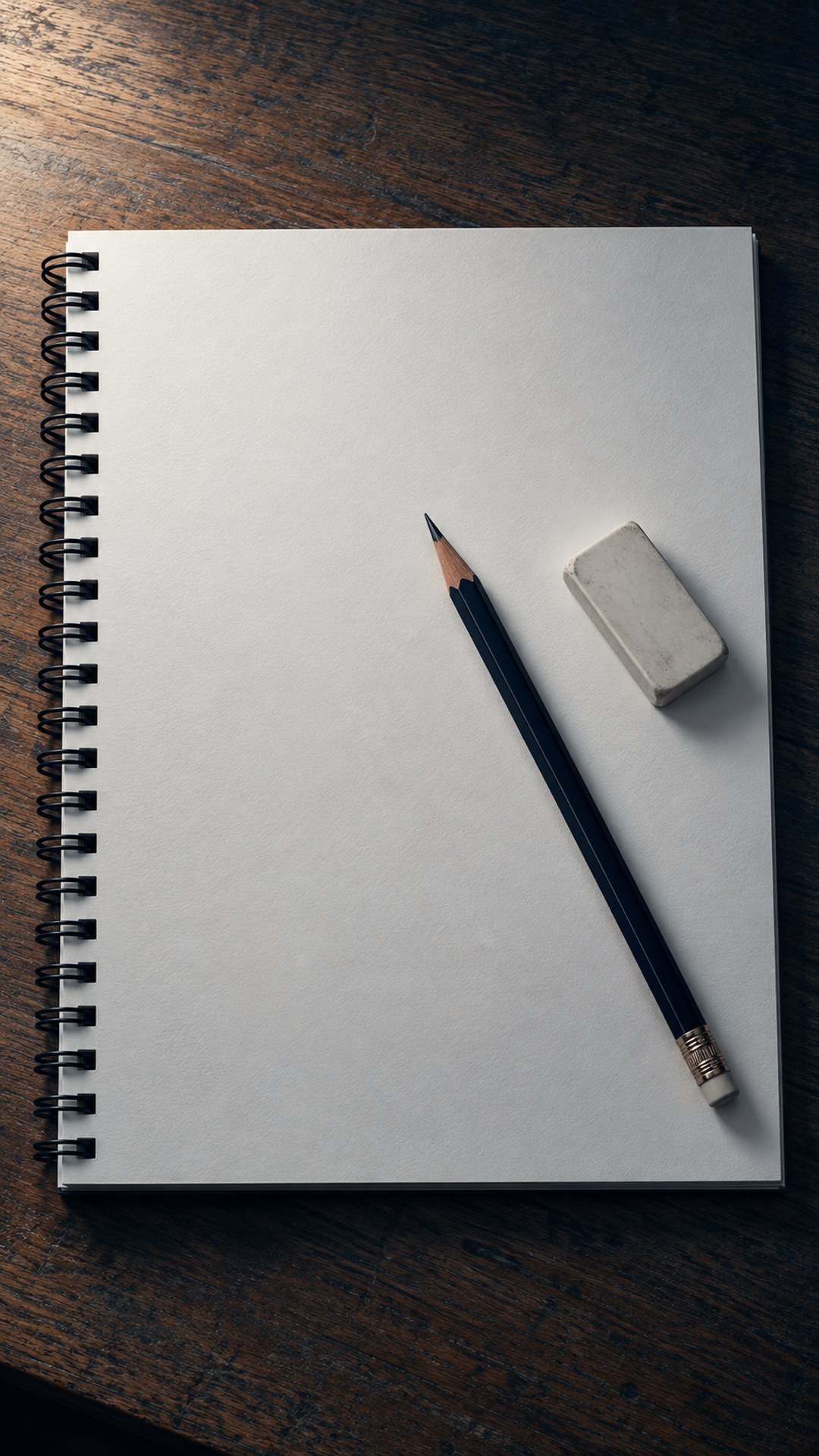 صفحة كراسة رسم فارغة وقلم رصاص وممحاة على مكتب