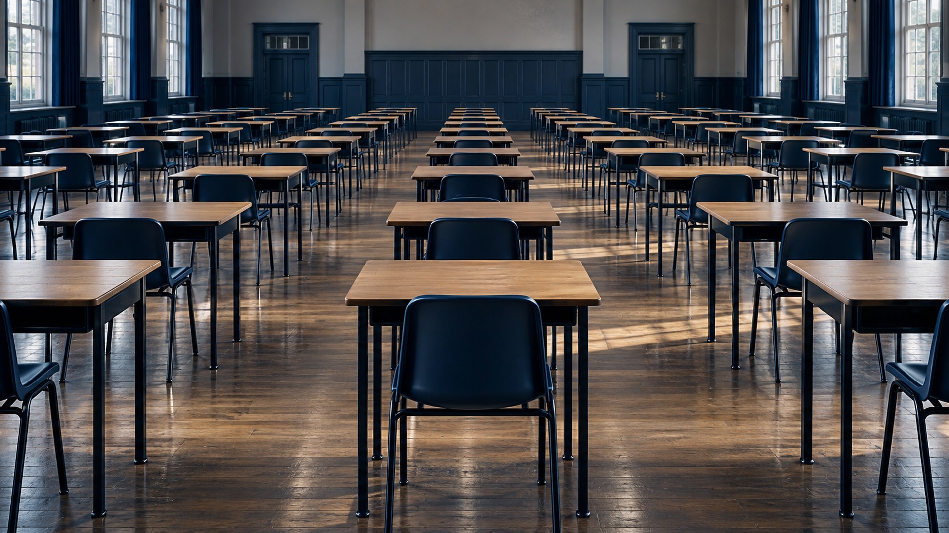 قاعة اختبار بصفوف مقاعد فارغة مرتبة وإضاءة ناعمة