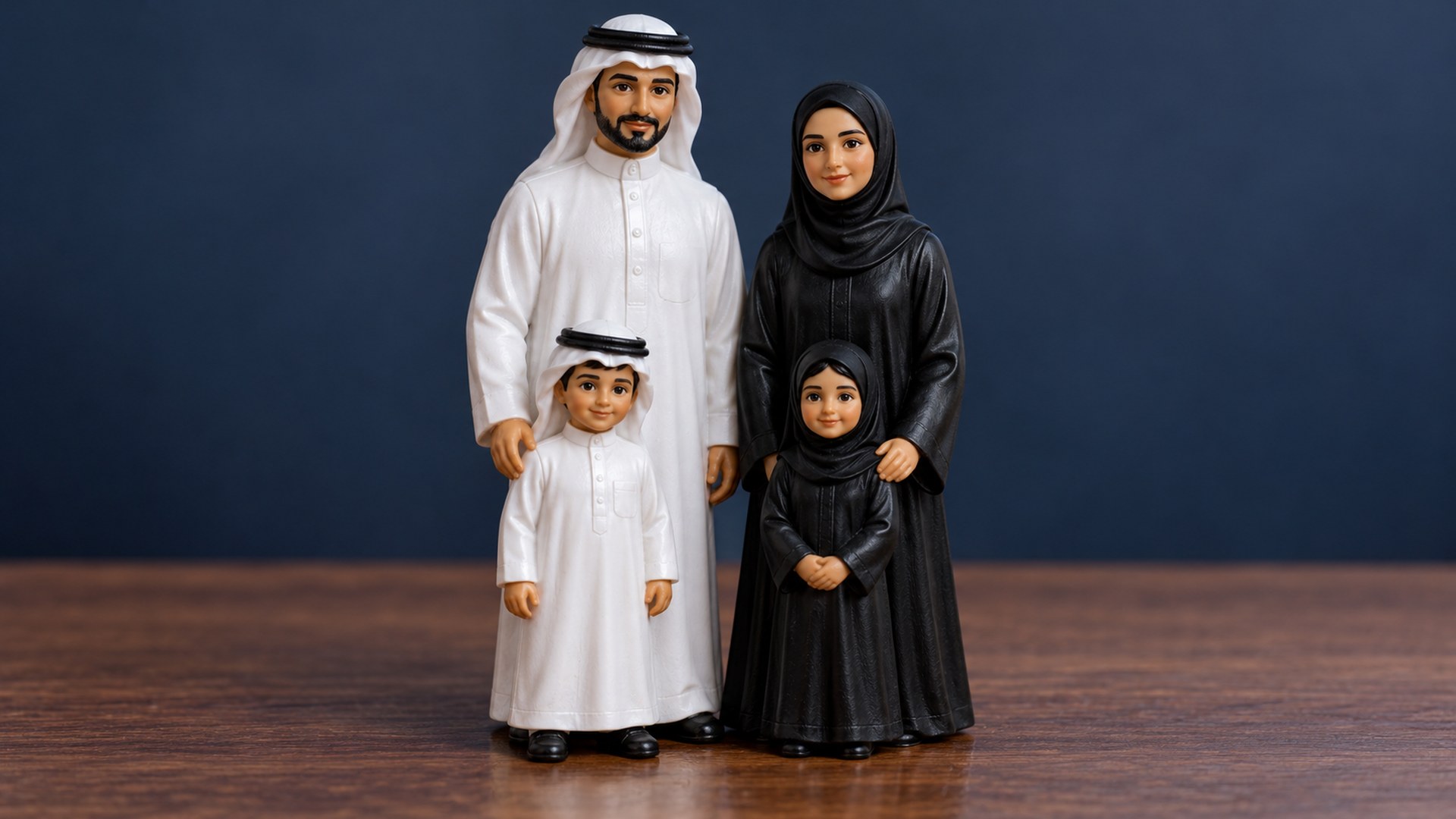 مجسمات عائلة بأحجام مختلفة واقفة معاً على طاولة