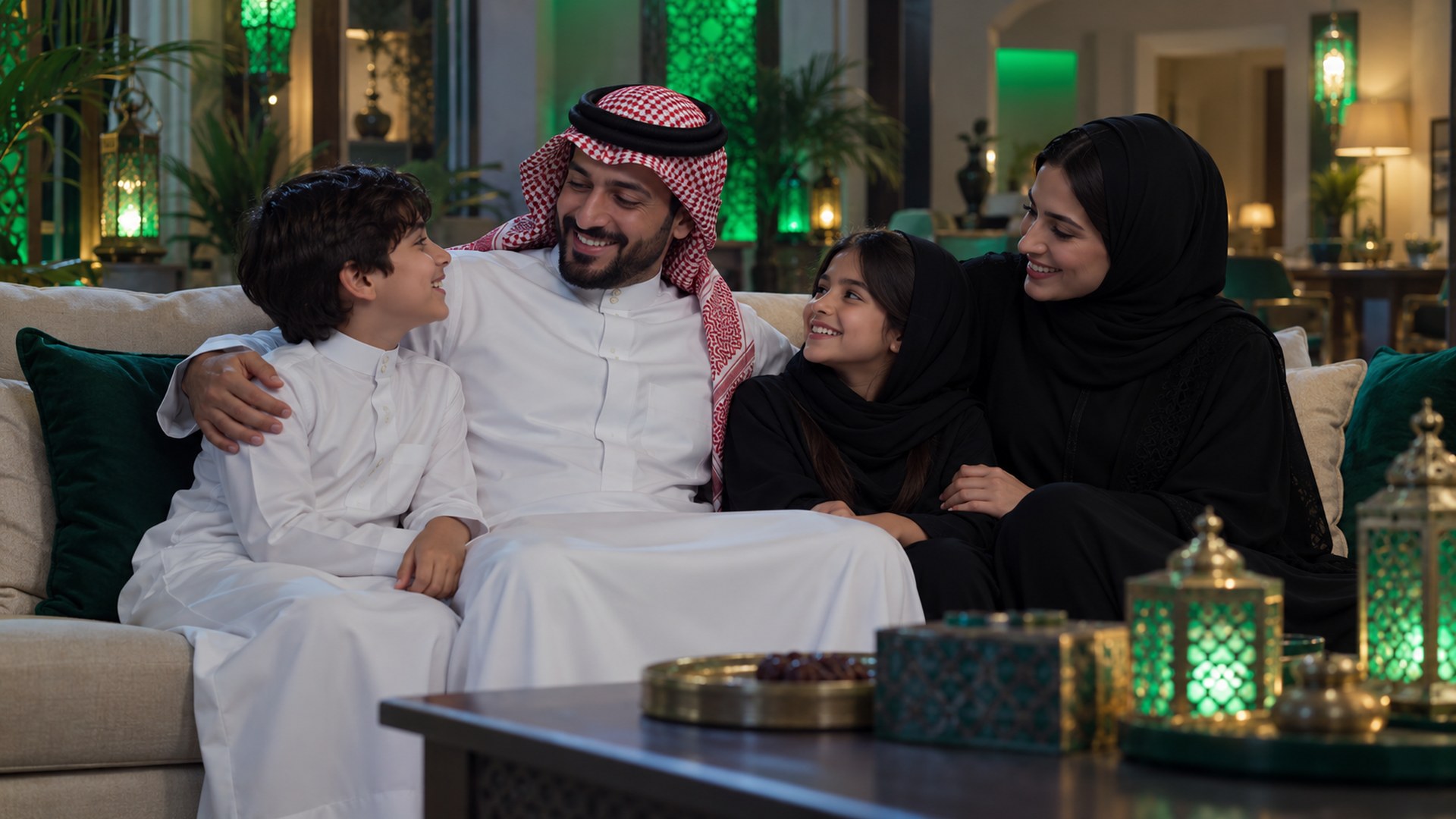 صالة عائلية مزينة بأضواء خضراء وفوانيس لمناسبة وطنية