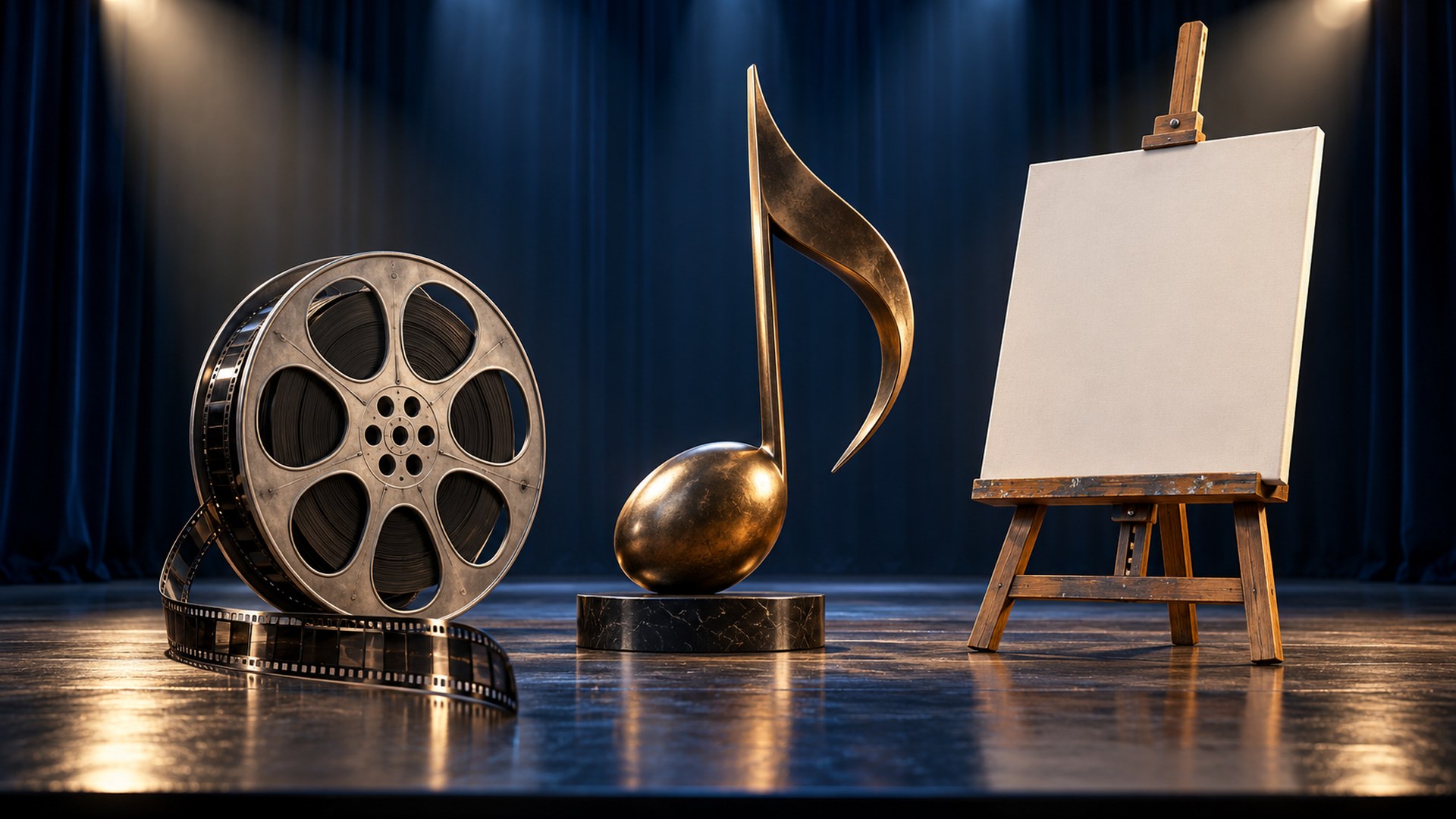 بكرة فيلم ومجسم نوتة موسيقية وحامل لوحة رسم على مسرح