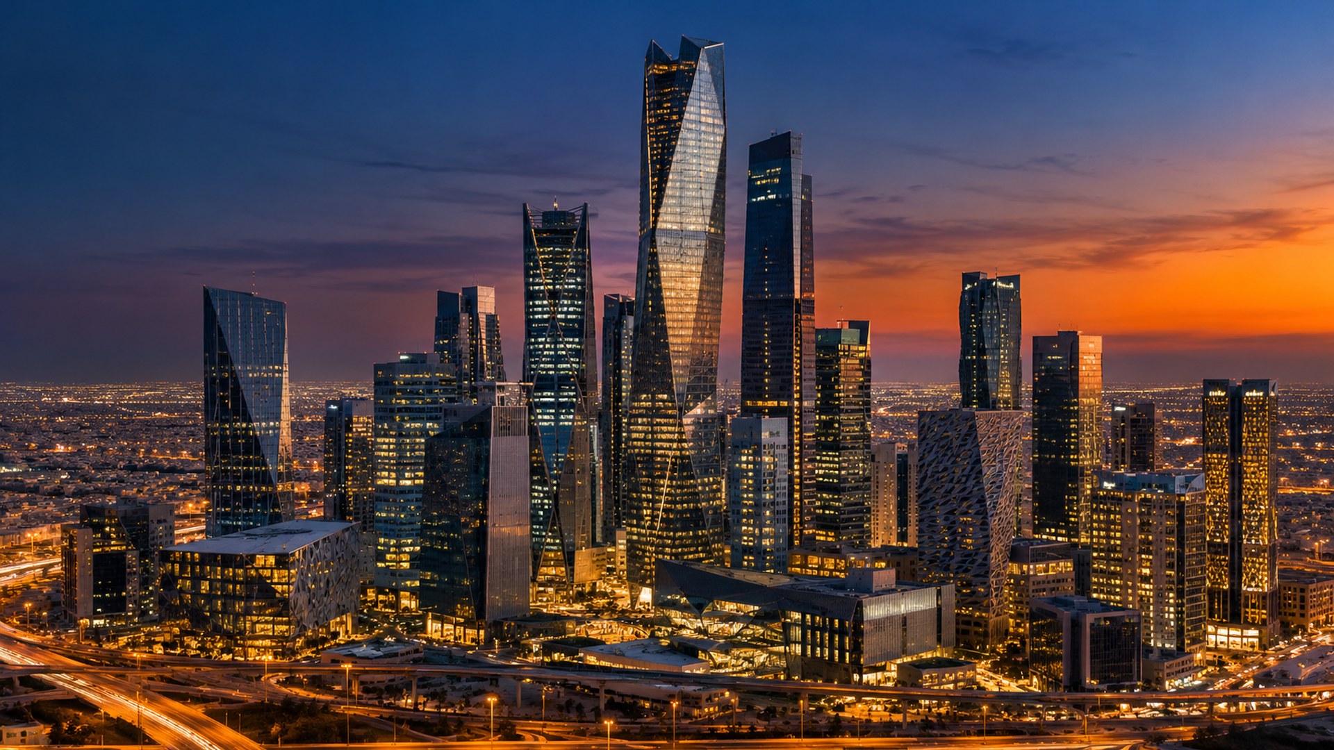 الحي المالي في الرياض بأبراجه الزجاجية وقت الغسق