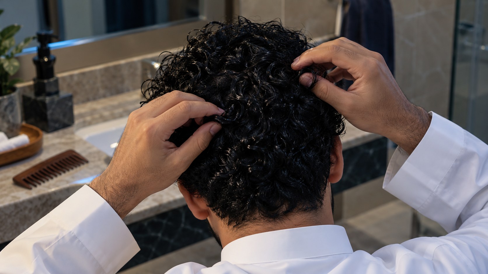 أصابع تفك تشابك شعر مجعد رطب ببطء من الأطراف للأعلى