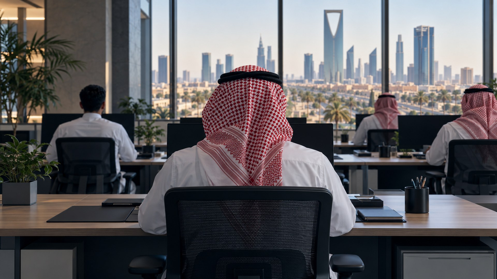 مكتب شركة تقنية مالية ناشئة فيه شباب على المكاتب، من الخلف