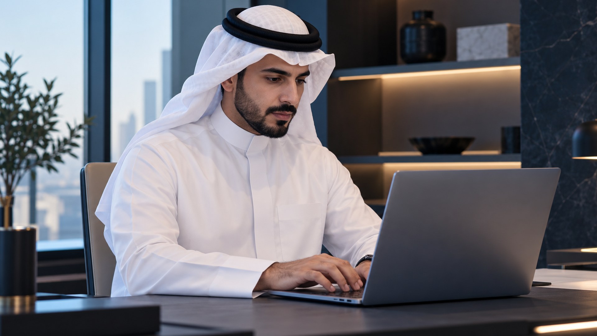 مصمم سعودي يكتب وصفاً مفصلاً ومنظماً على اللابتوب بتركيز