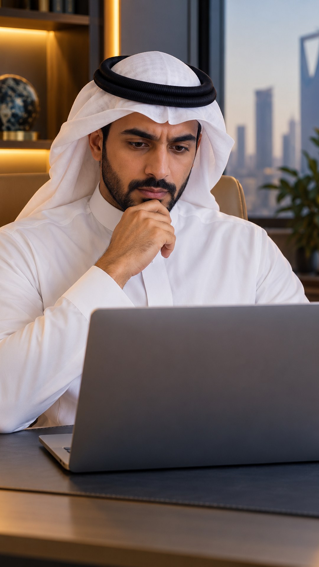 رائد أعمال سعودي يفكر ويده على ذقنه أمام اللابتوب