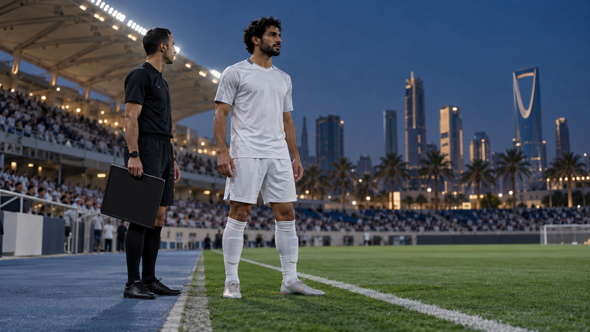 لاعب على خط التماس بجانب الحكم الرابع ينتظر الإذن بالعودة للملعب
