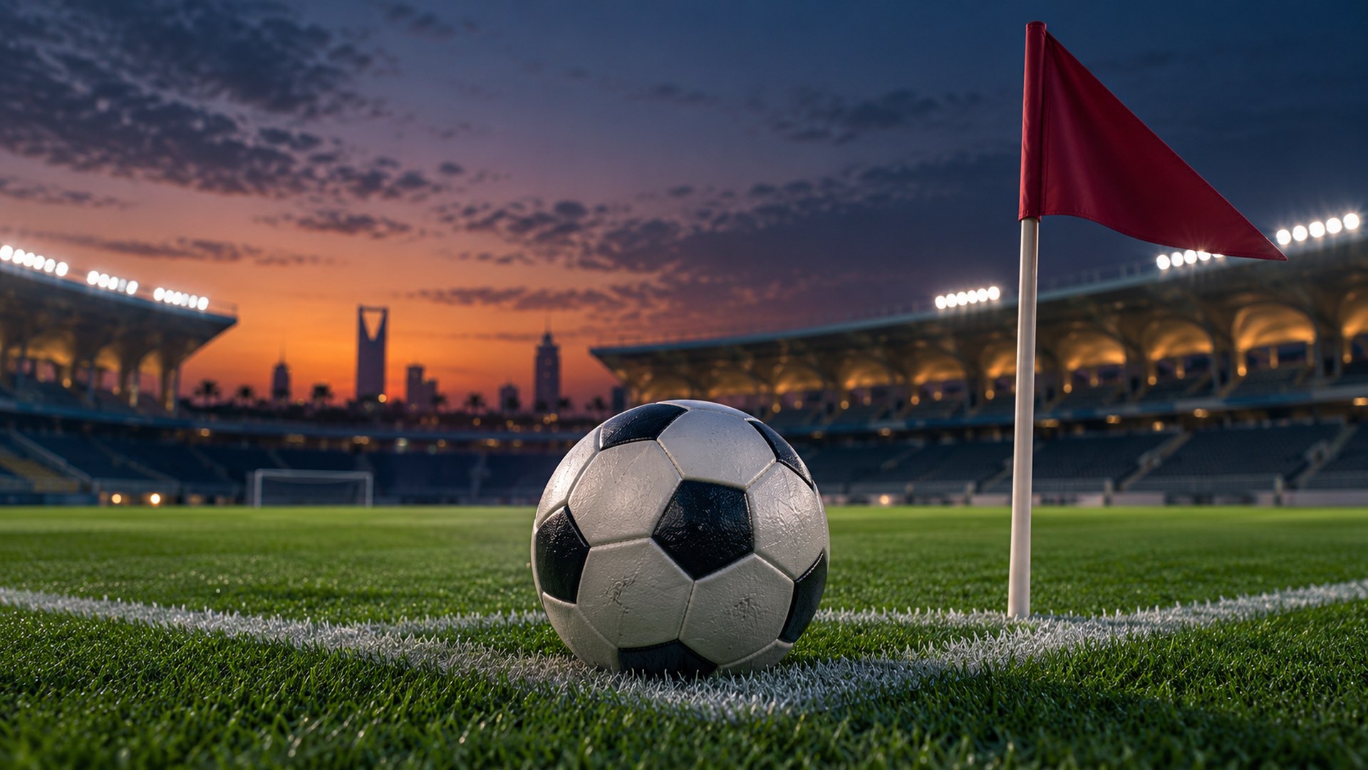 كرة قدم على العشب قرب الركنية وقت الغروب