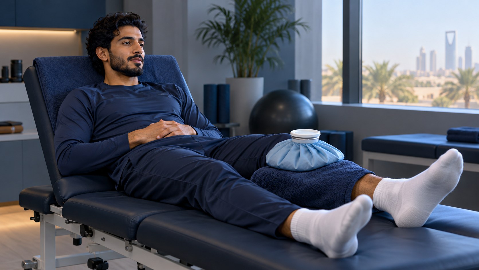لاعب كرة قدم يرتاح على سرير العلاج الطبيعي وكمادة ثلج على ساقه