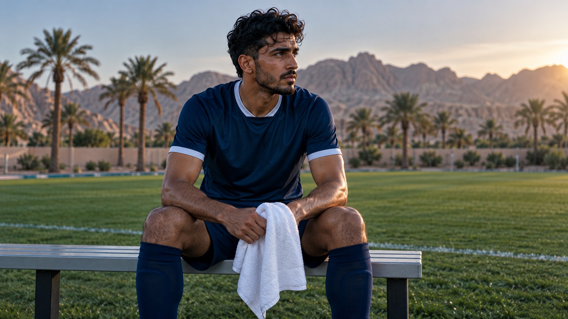 لاعب كرة قدم جالس على دكة البدلاء بجانب الملعب ويمسك منشفة
