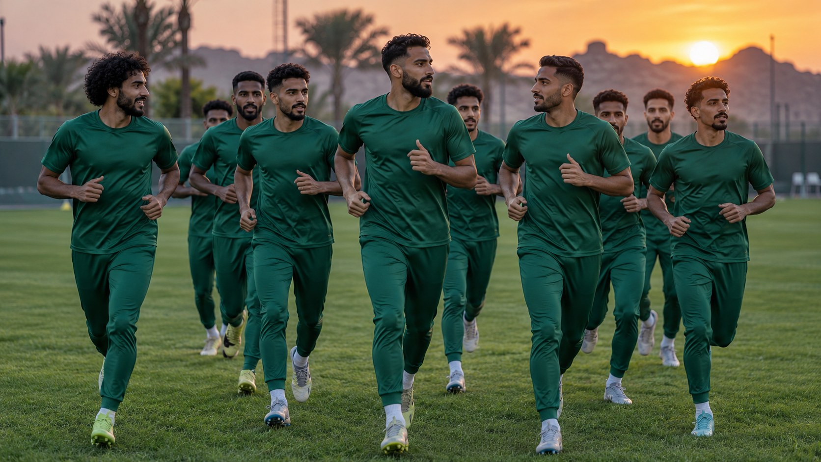 لاعبون بملابس تدريب خضراء يهرولون معاً في ملعب تدريب بالسعودية وقت الغروب