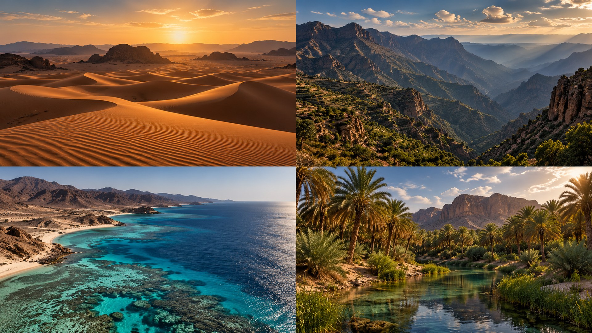 أربعة مناظر من السعودية: صحراء وجبال وساحل وواحة في شبكة