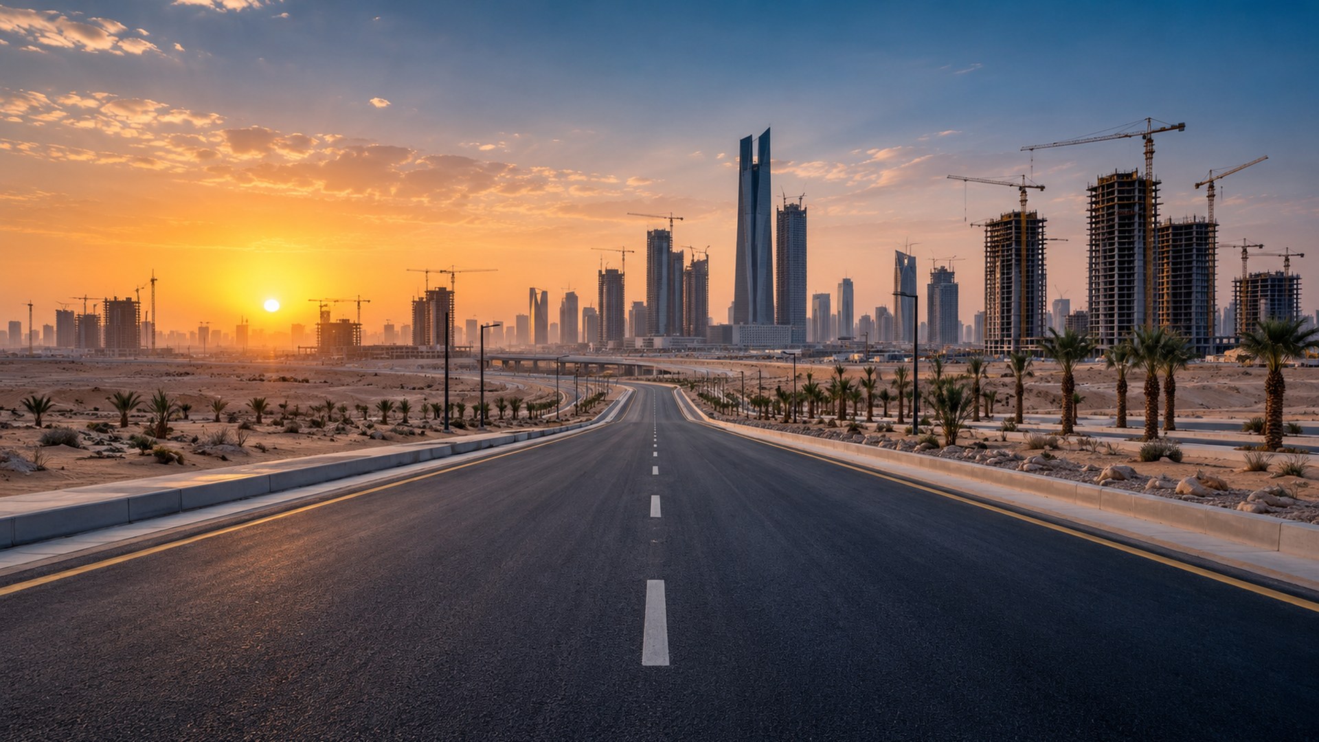 طريق مسفلت حديثاً يدخل حياً جديداً تحت الإنشاء في الرياض وقت الشروق