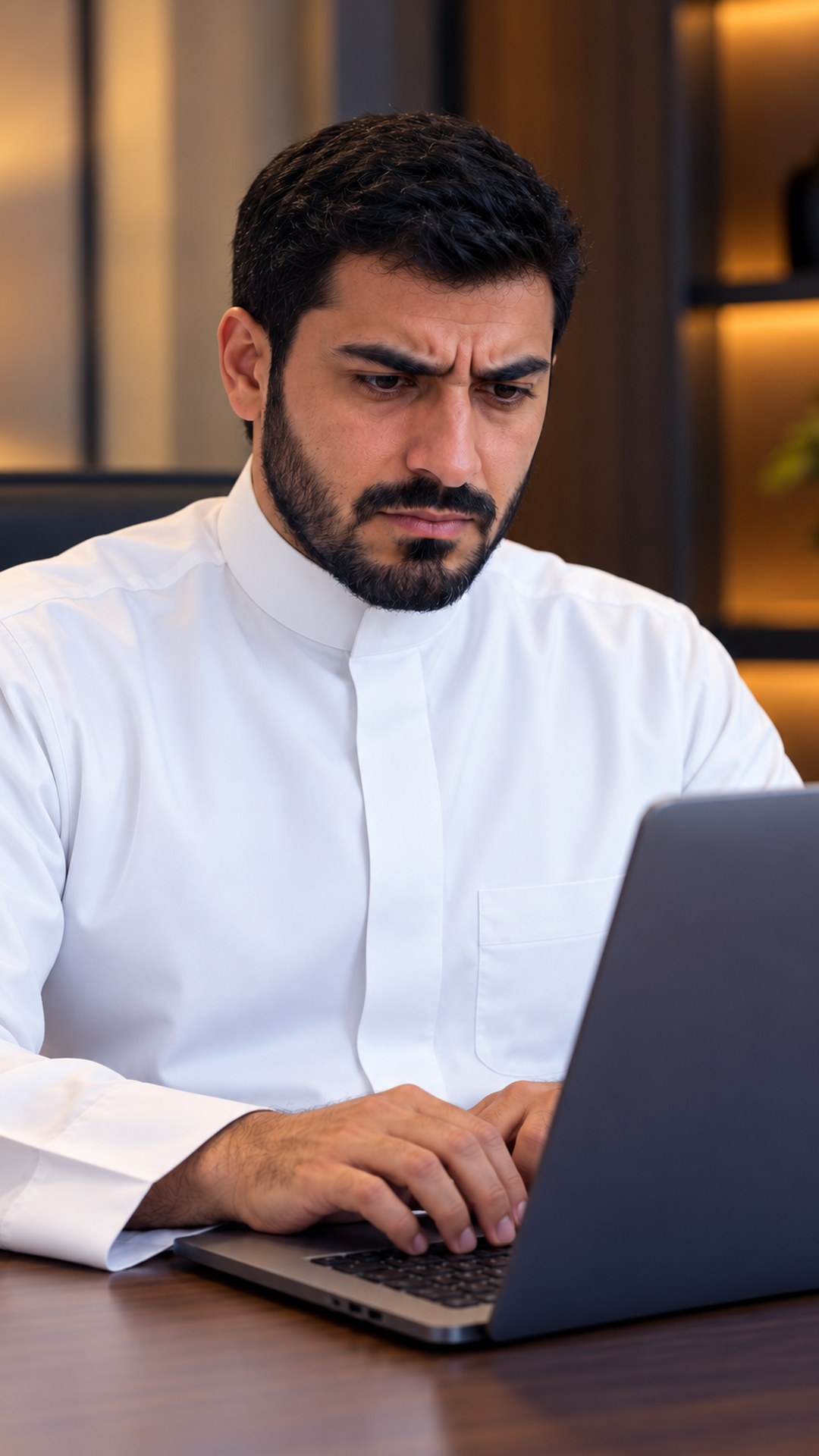 رجل سعودي بالثوب متضايق أمام شاشة لابتوبه ويداه قرب لوحة المفاتيح