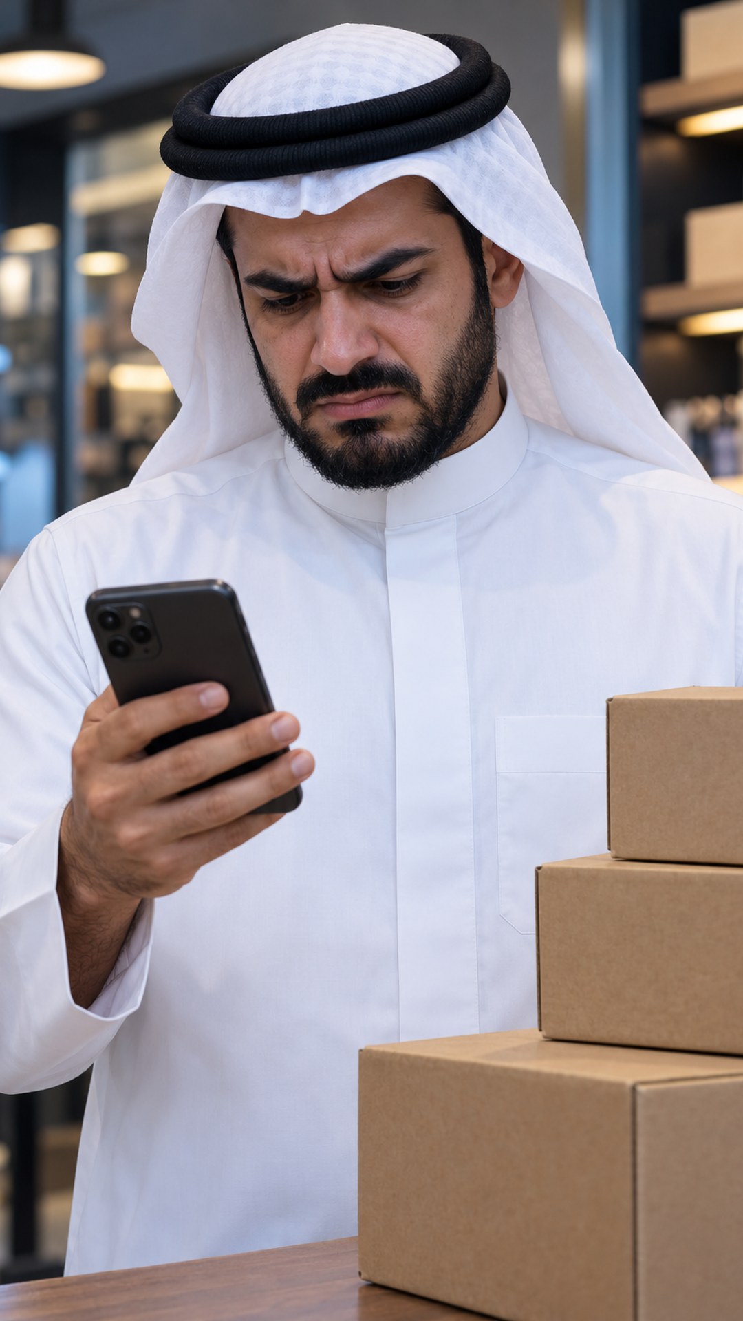 صاحب محل سعودي متضايق أمام جواله وبجانبه صناديق شحن صغيرة