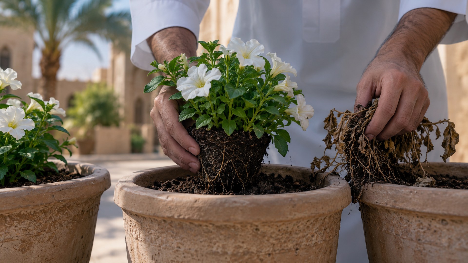 يدا بستاني تستبدلان نبتة ذابلة بأخرى جديدة في صف الأصص