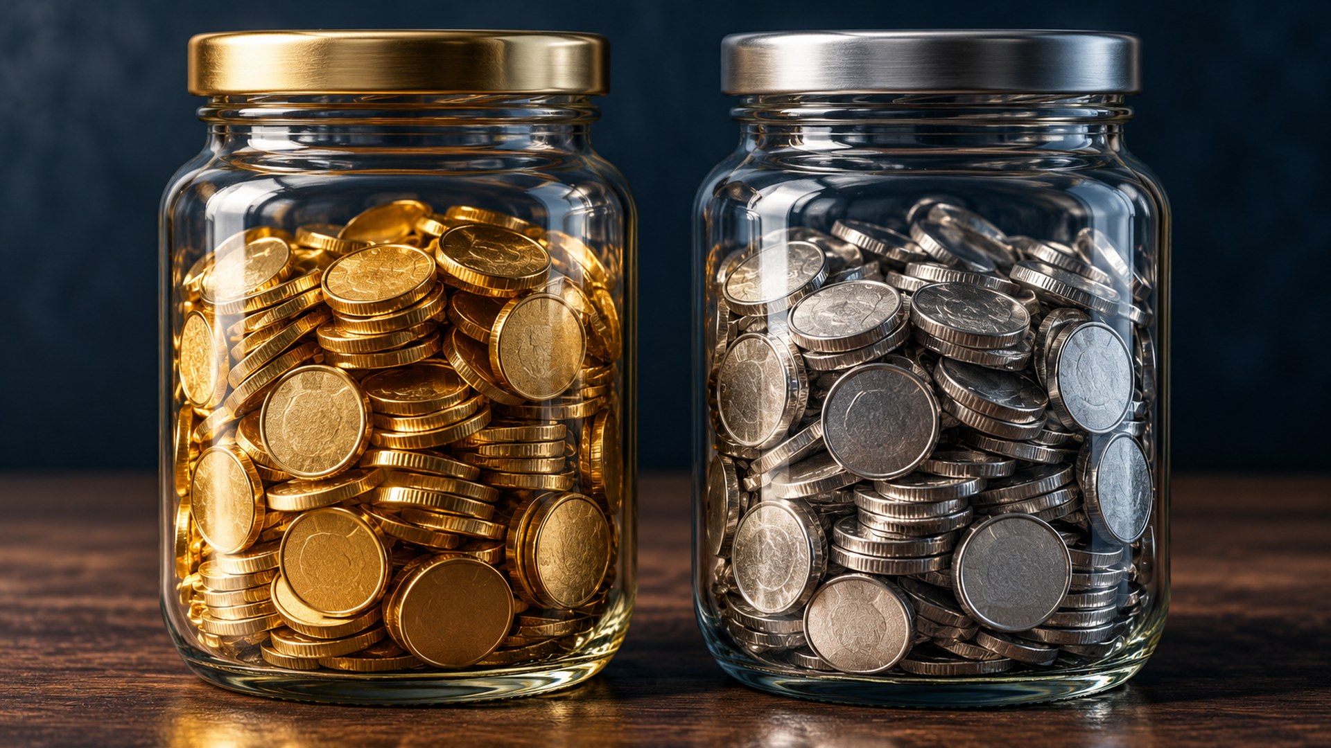 برطمانان زجاجيان يمتلئ أحدهما بعملات ذهبية والآخر بعملات فضية