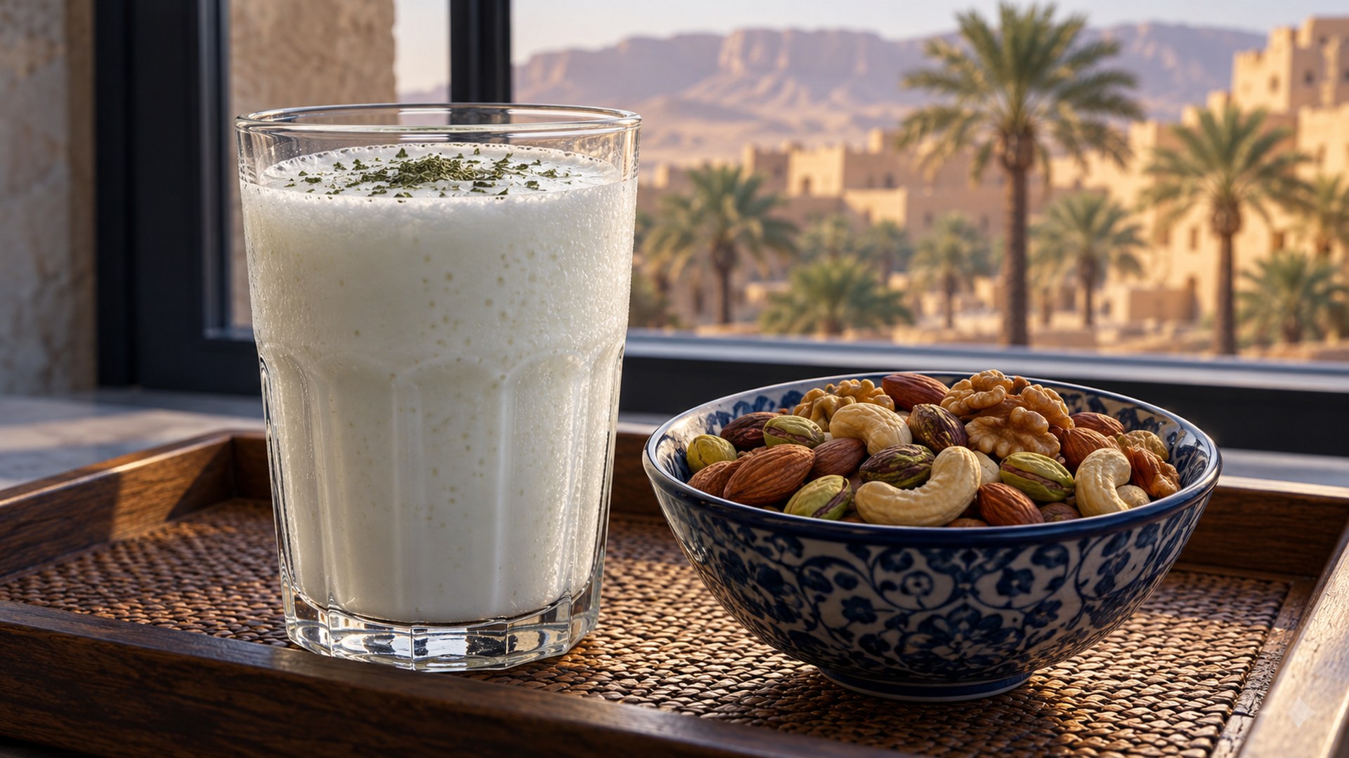كوب لبن وصحن مكسرات على صينية فطور بجانب النافذة