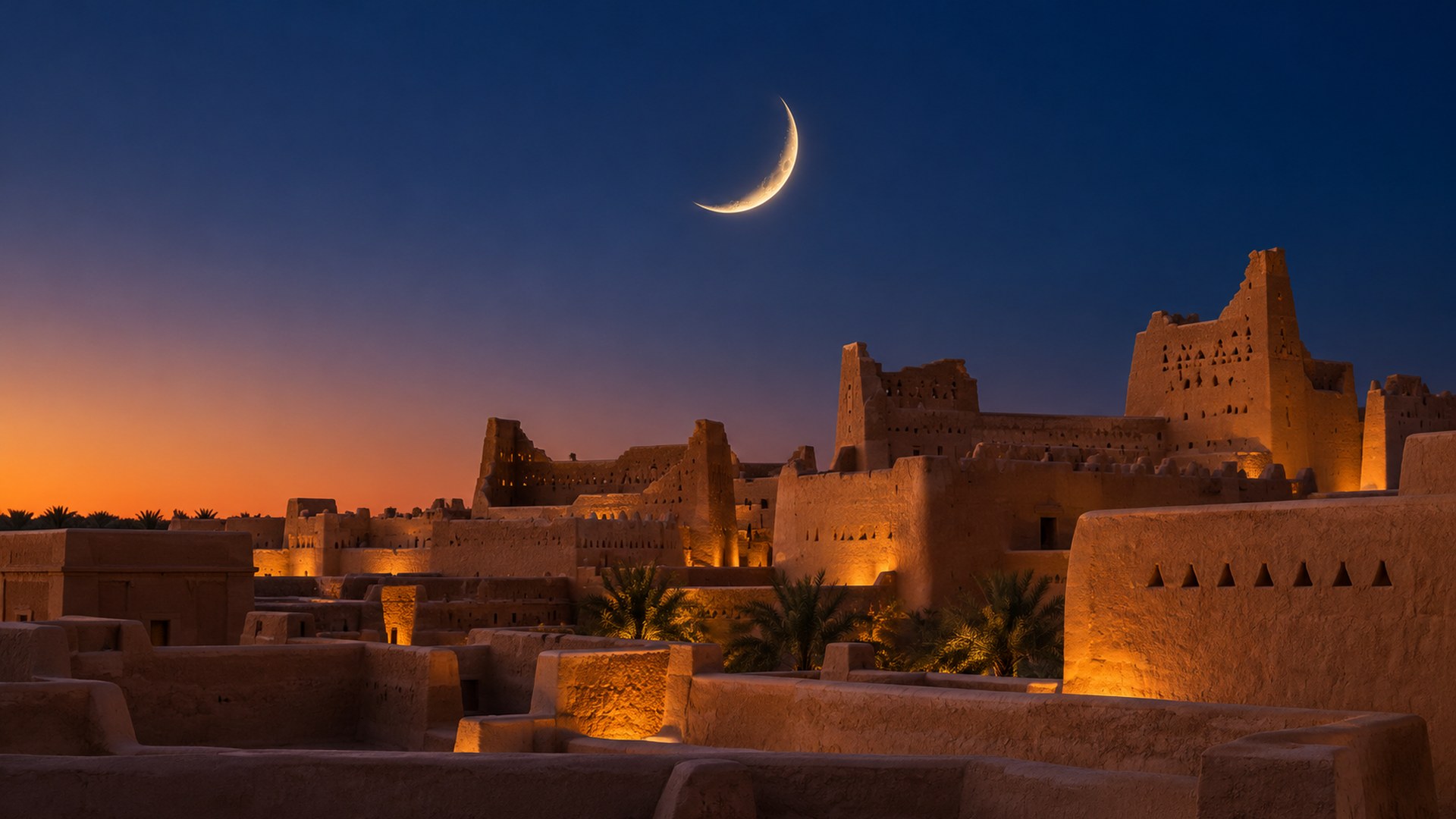 هلال مضيء فوق أسطح الدرعية الطينية وقت الغسق